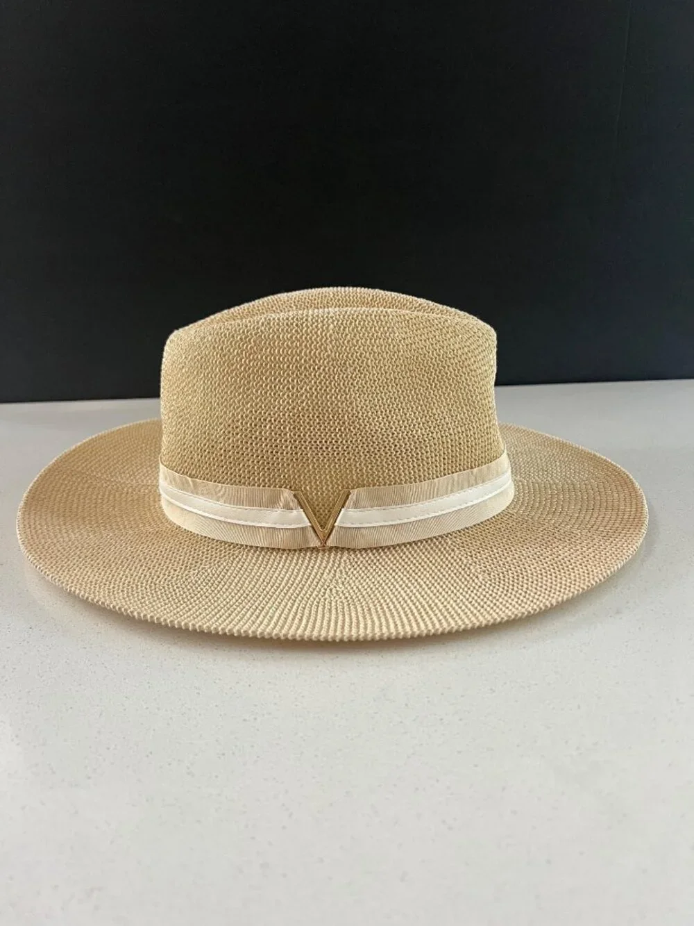 Vince Camuto Grosgrain Faux Leather Band Panama natural Hat size S